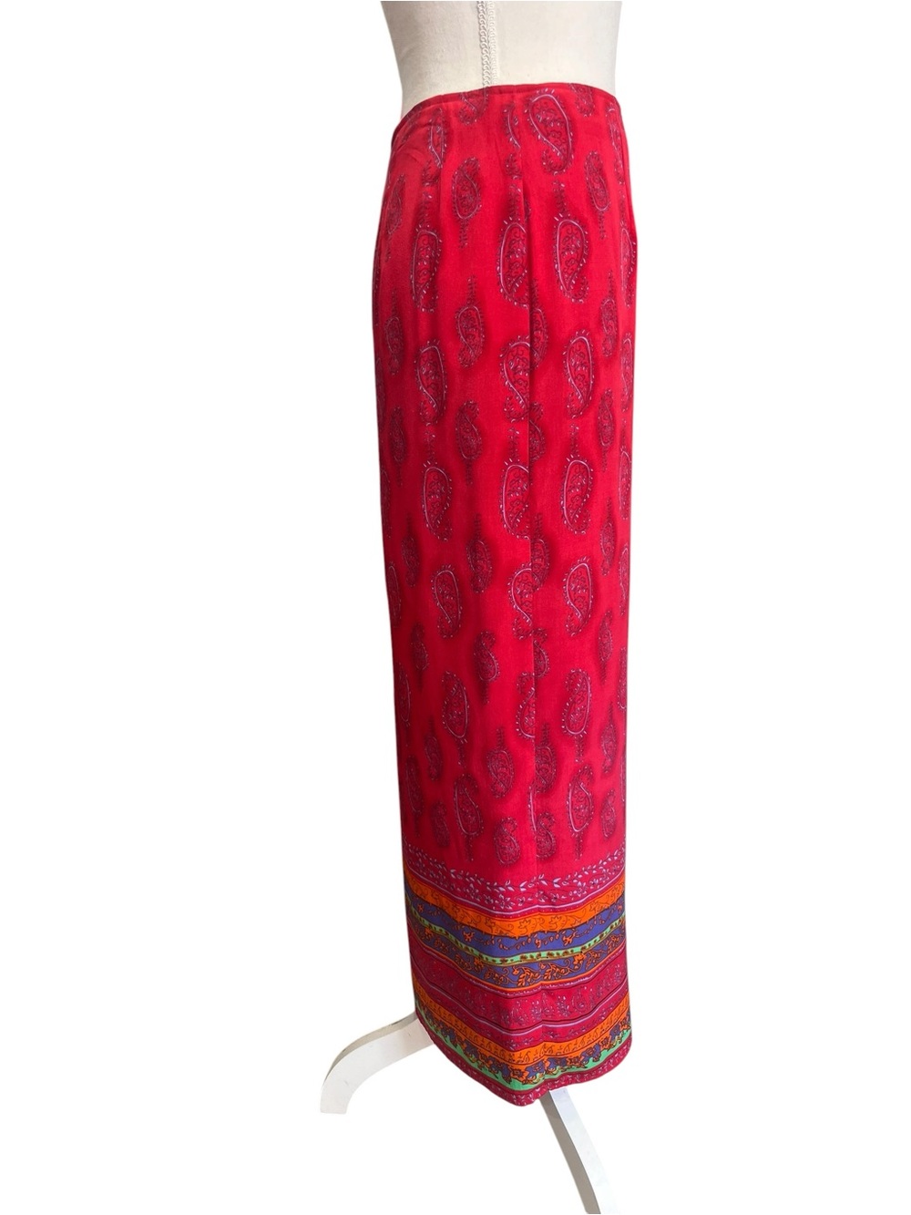 Vintage 90s Acorn Silk Paisley Maxi Wrap Skirt Red Boho Festival Cottagecore - Picture 5 of 10